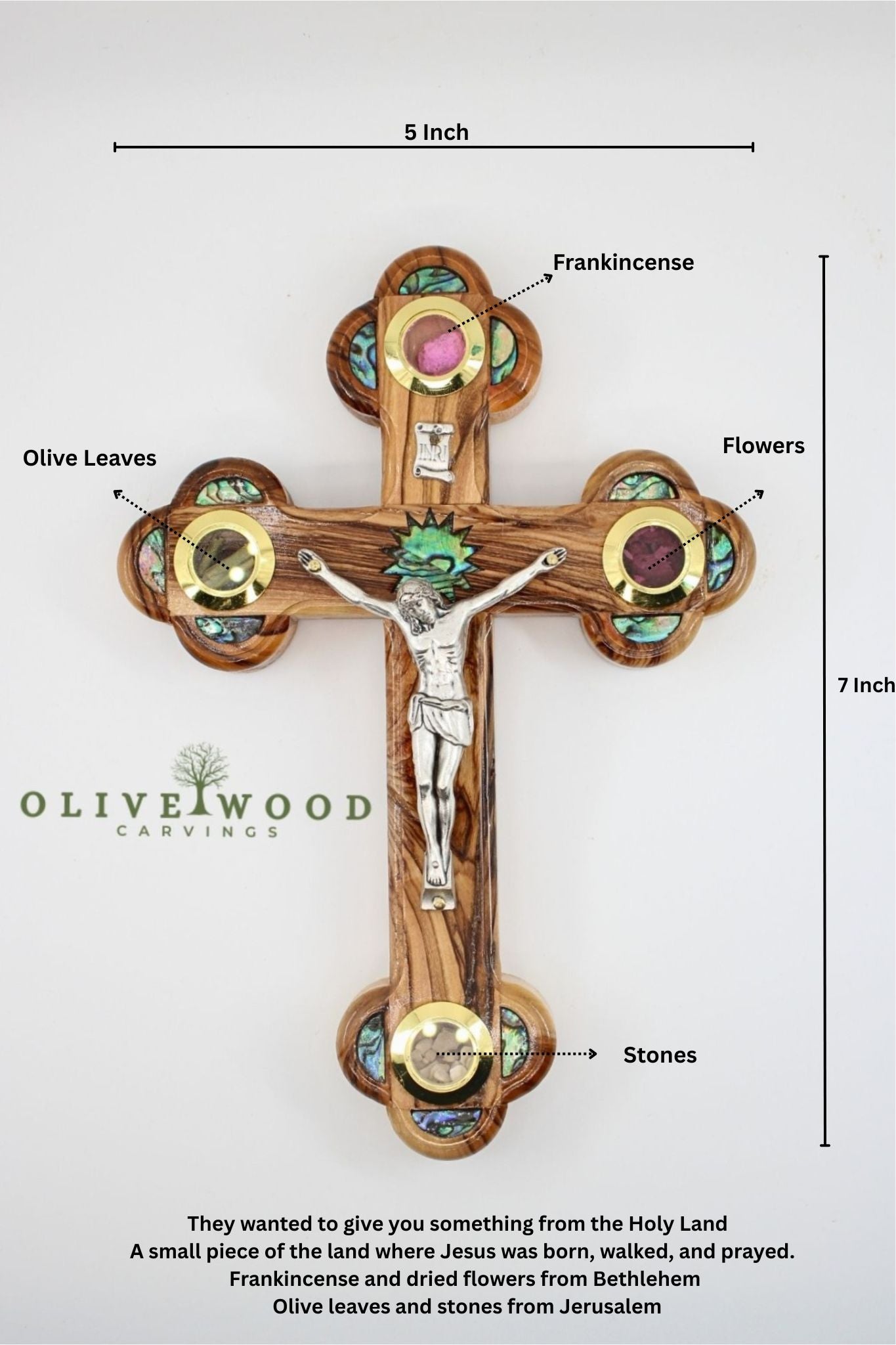 7 Inch Olive Wood Cross with Seashell