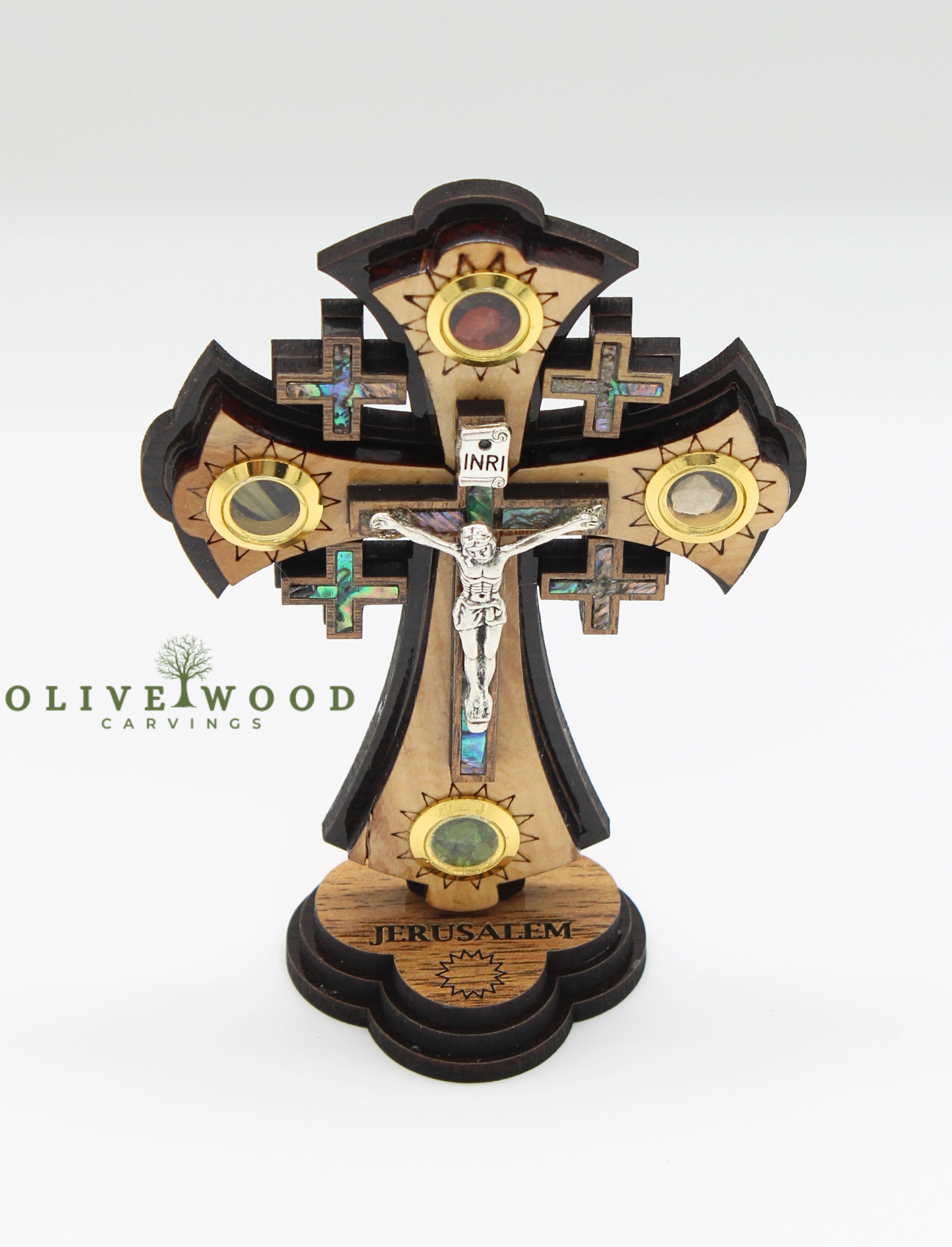 Olive Wood Jerusalem Cross with Crucifix & Relics Stand (6.2× 4.5 Inches)
