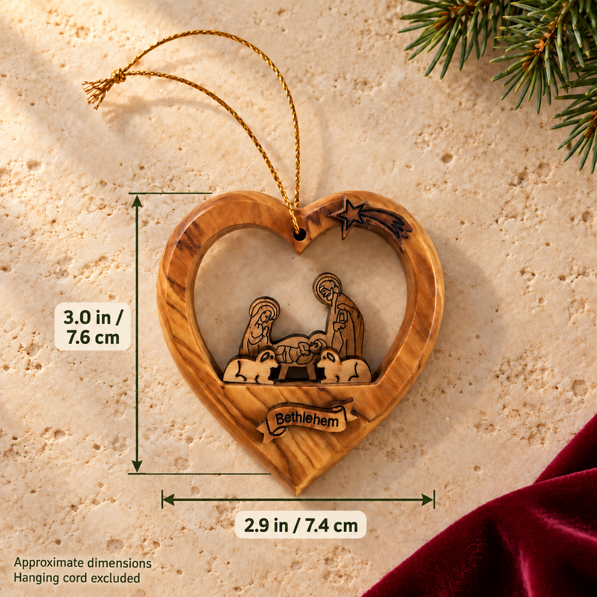 Olive Wood Heart Nativity Ornament
