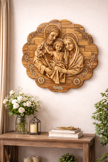 Holy Family Olive Wood Wall Carving – Crafted in the Holy Land (13.2 x 13.2 inches)
