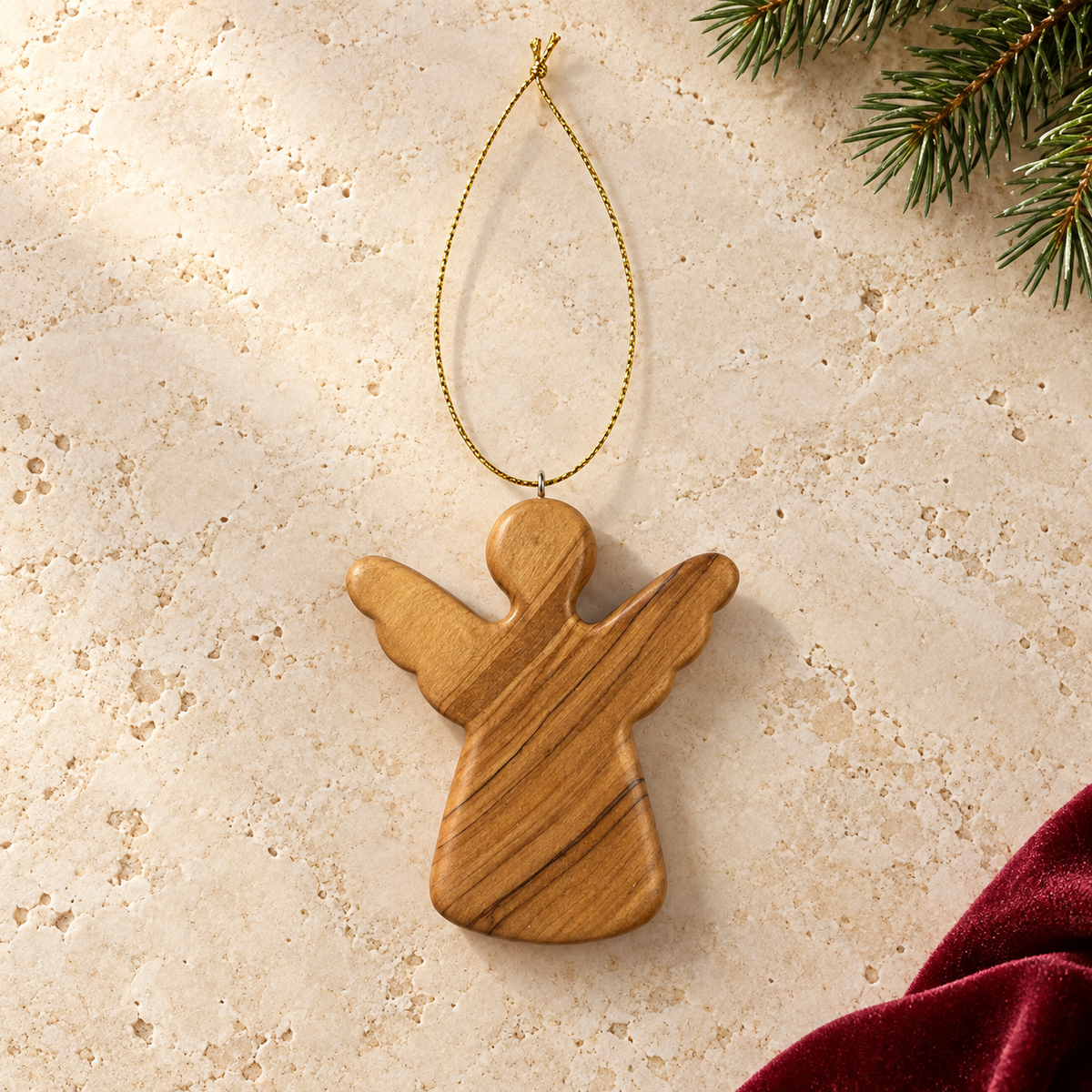 Olive Wood Angel Christmas Ornament