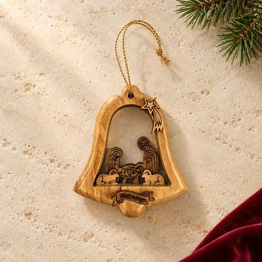 Olive Wood Nativity Bell Ornament
