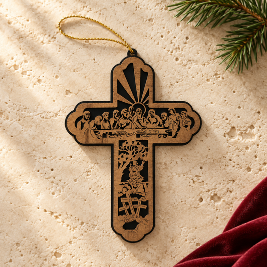 Olive Wood Last Supper Cross Ornament