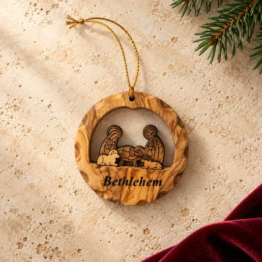 Round Olive Wood Nativity Ornament