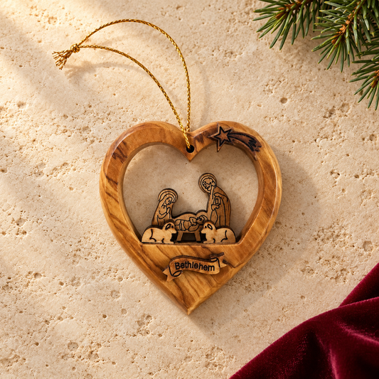 Olive Wood Heart Nativity Ornament