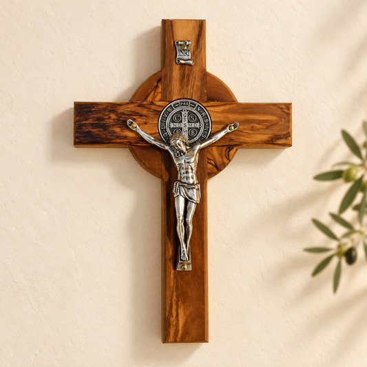 Saint Benedict Olive Wood Crucifix – Handcrafted in Bethlehem