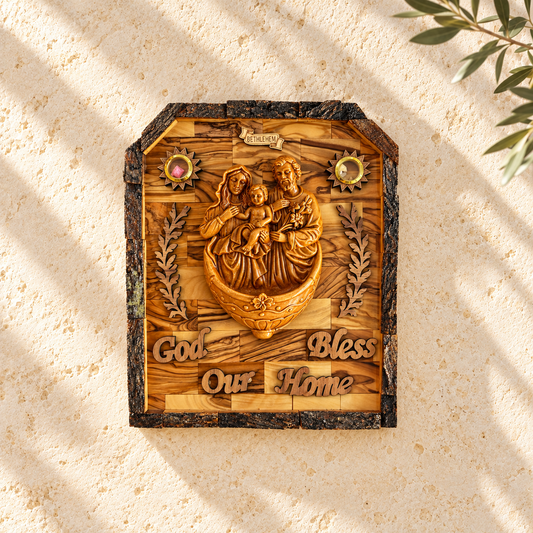 Holy Family Olive Wood Plaque – God Bless Our Home