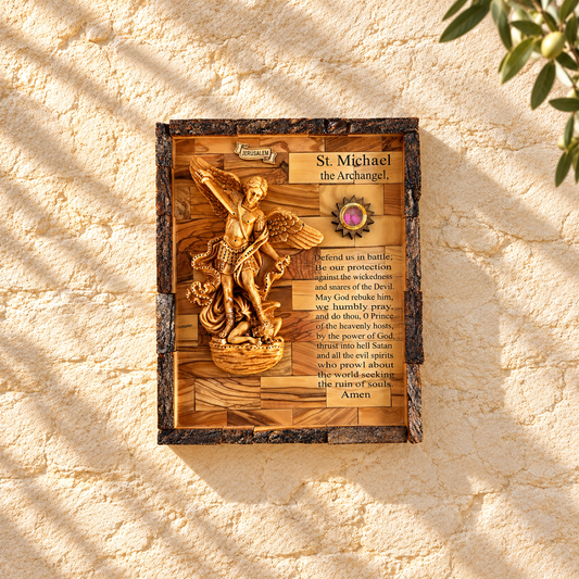 St. Michael the Archangel Olive Wood Prayer Plaque
