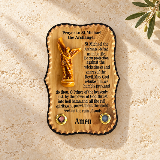 St. Michael the Archangel – Olive Wood Prayer Plaque