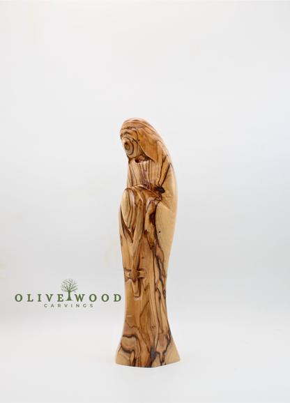 Olive Wood Virgin Mary with Rosary – Modern Hand-Carved Statue from the Holy Land