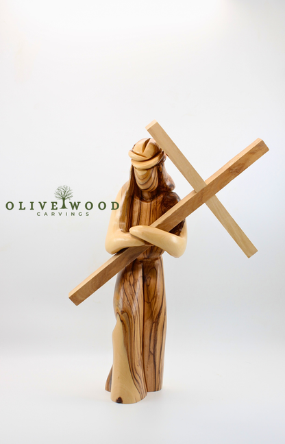Hand-Carved Olive Wood Jesus Carrying the Cross – Made in the Holy Land