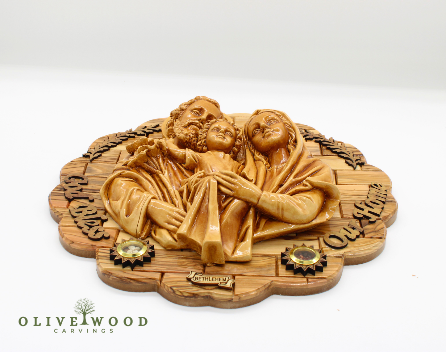 Holy Family Olive Wood Wall Carving – Crafted in the Holy Land (13.2 x 13.2 inches)