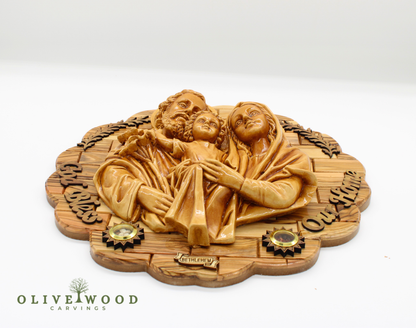 Holy Family Olive Wood Wall Carving – Crafted in the Holy Land (13.2 x 13.2 inches)