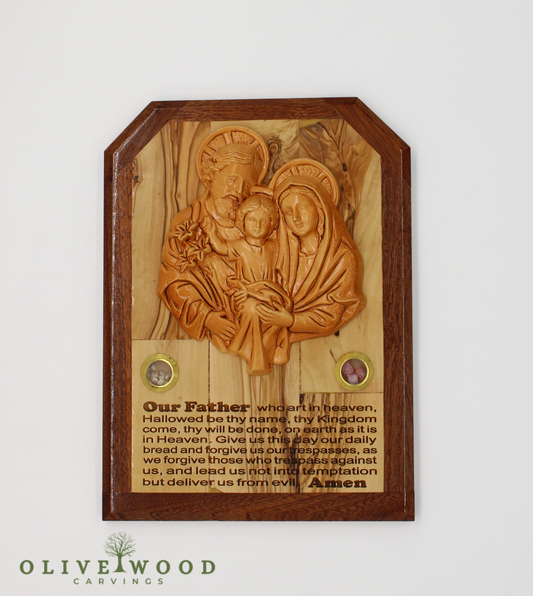 Holy Family Olive Wood Wall Plaque with Lord’s Prayer  (11 x 8 inches)