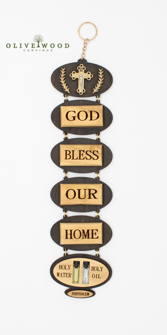 “God Bless Our Home” Olive Wood Wall Hanging ( 14 x 3.5 Inches )