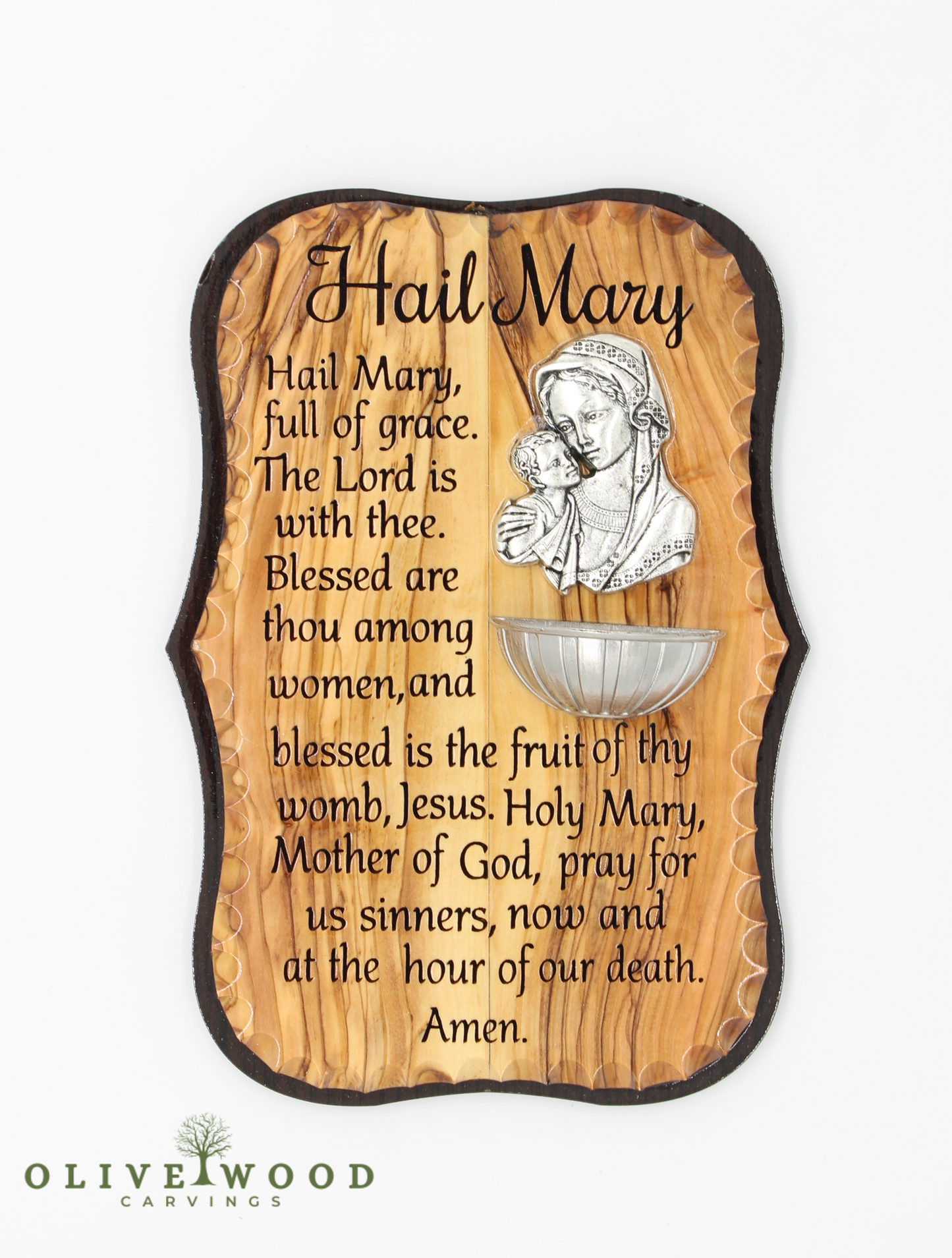 Olive Wood Hail Mary Prayer Wall Plaque with Holy Water Font (7.6 x 5 inches)