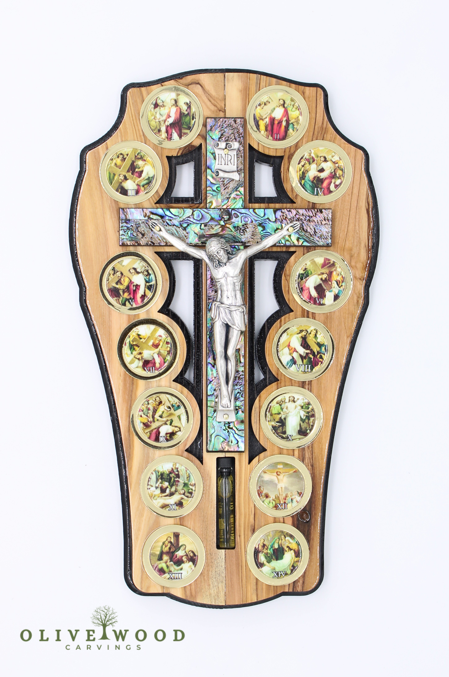 Handcrafted Olive Wood Crucifix with Stations of the Cross & Holy Water Vial – (11 x 6.4 Inches) )