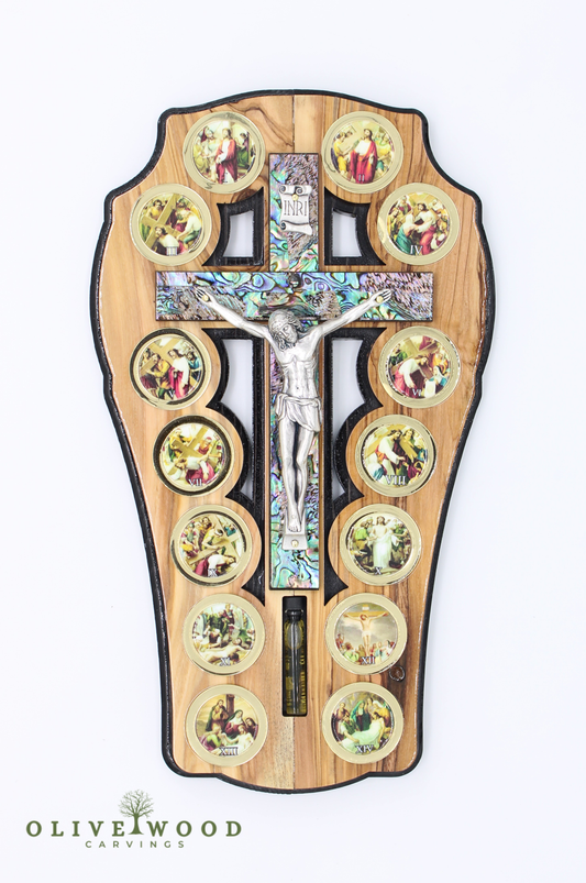 Handcrafted Olive Wood Crucifix with Stations of the Cross & Holy Water Vial – (11 x 6.4 Inches) )