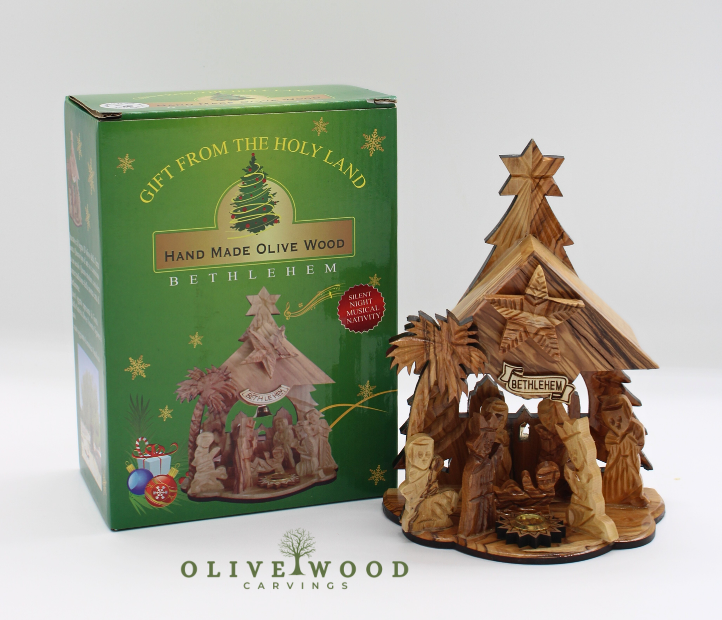 Handmade Olive Wood Nativity Set from Bethlehem, Musical “Silent Night” Christmas Scene