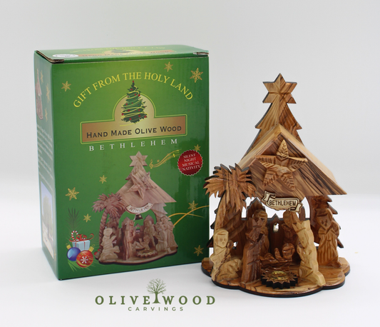 Handmade Olive Wood Nativity Set from Bethlehem, Musical “Silent Night” Christmas Scene