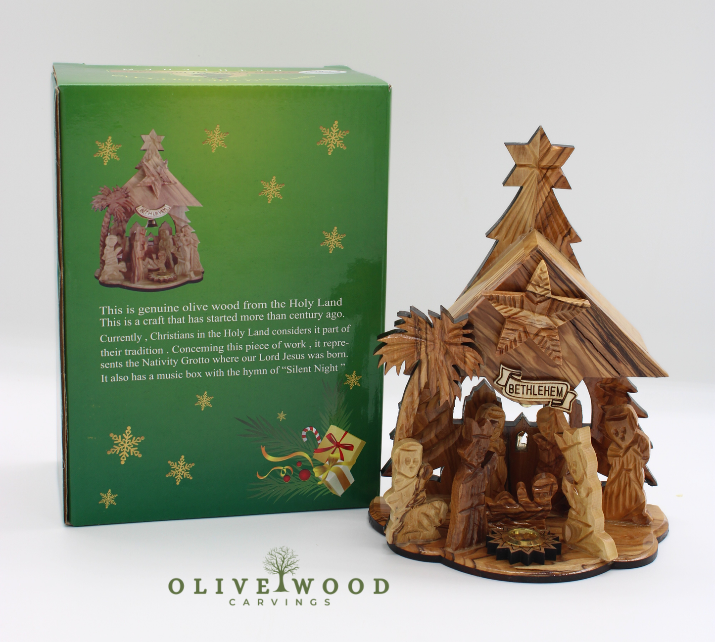 Handmade Olive Wood Nativity Set from Bethlehem, Musical “Silent Night” Christmas Scene