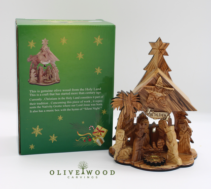 Handmade Olive Wood Nativity Set from Bethlehem, Musical “Silent Night” Christmas Scene