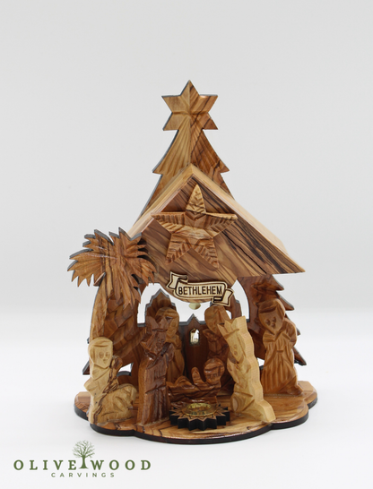 Handmade Olive Wood Nativity Set from Bethlehem, Musical “Silent Night” Christmas Scene