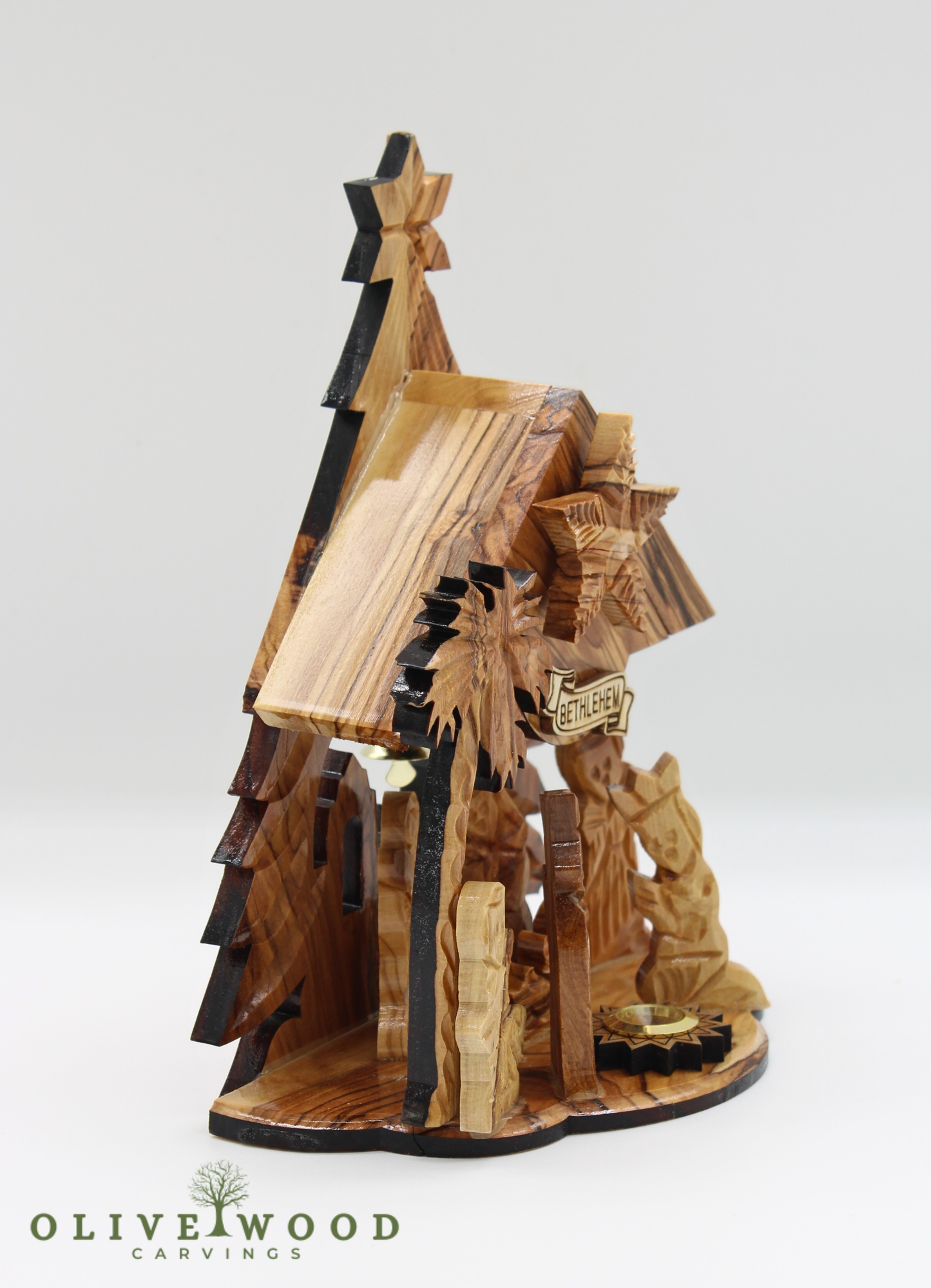 Handmade Olive Wood Nativity Set from Bethlehem, Musical “Silent Night” Christmas Scene