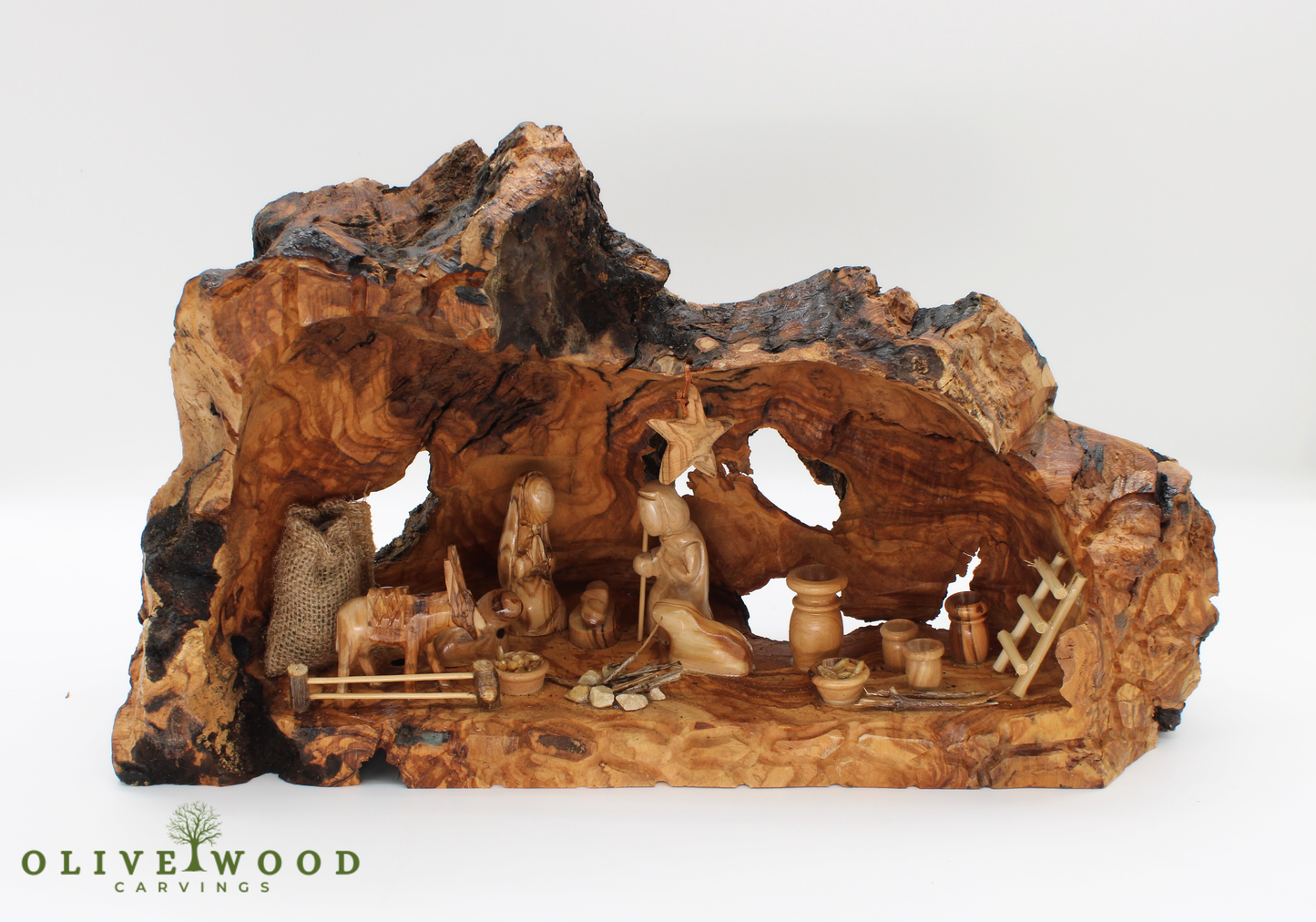 Handcrafted Olive Wood Nativity Scene – Unique Holy Land Carving ( 16.5 × 6.5 Inches )