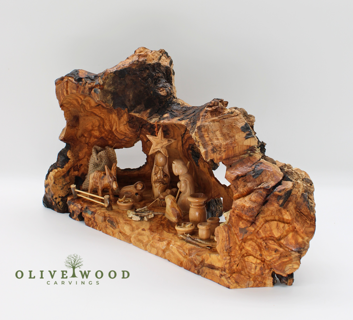 Handcrafted Olive Wood Nativity Scene – Unique Holy Land Carving ( 16.5 × 6.5 Inches )