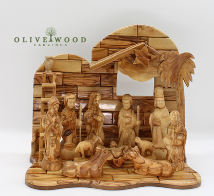Hand-Carved Olive Wood Nativity Scene with Star of Bethlehem
