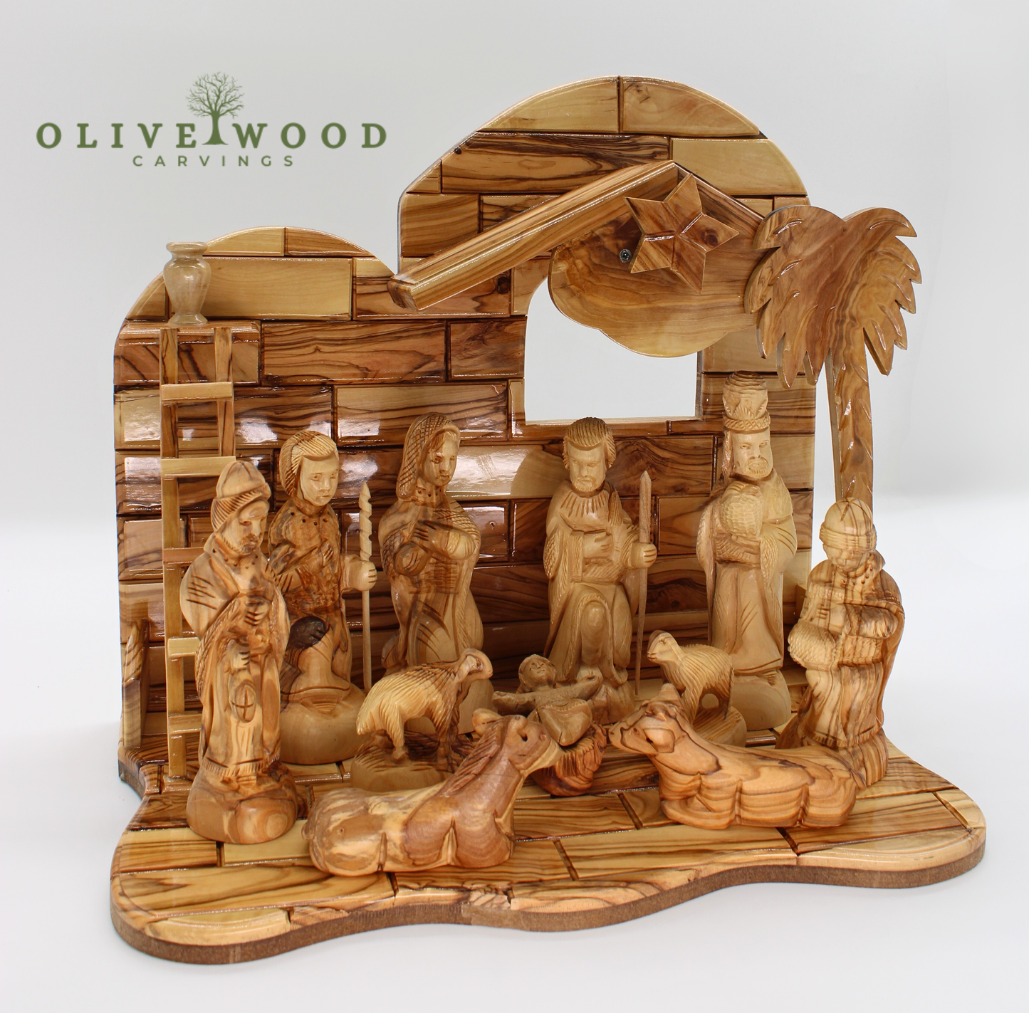 Hand-Carved Olive Wood Nativity Scene with Star of Bethlehem