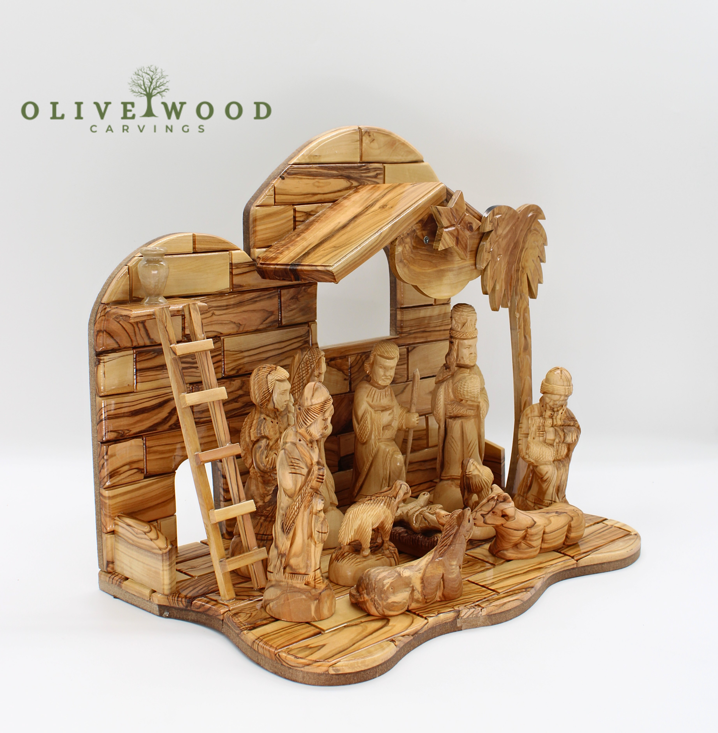 Hand-Carved Olive Wood Nativity Scene with Star of Bethlehem