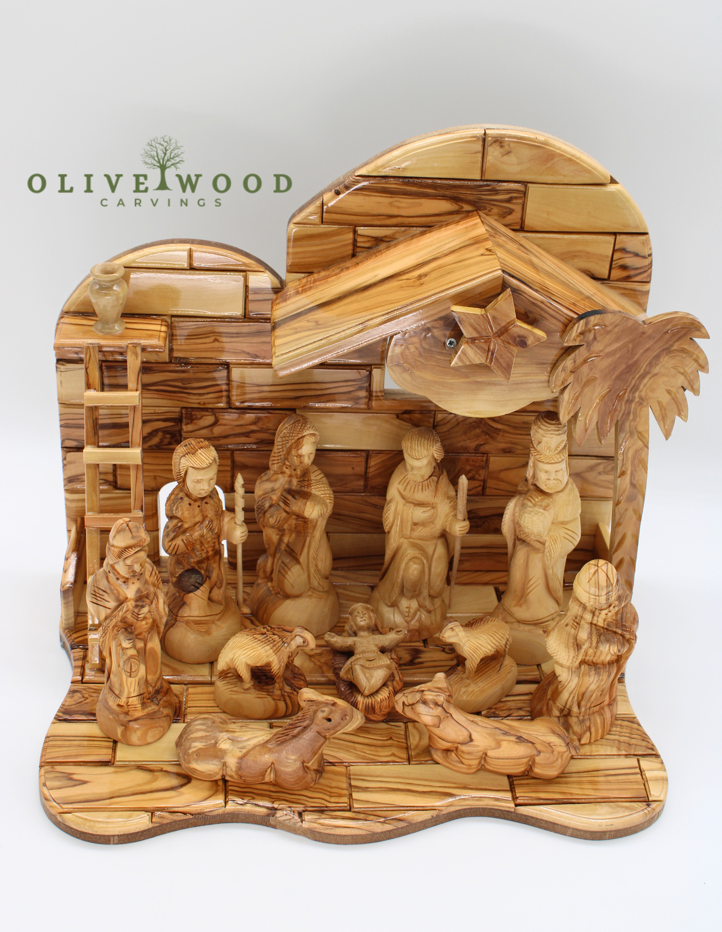 Hand-Carved Olive Wood Nativity Scene with Star of Bethlehem