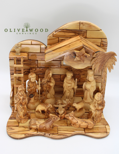 Hand-Carved Olive Wood Nativity Scene with Star of Bethlehem