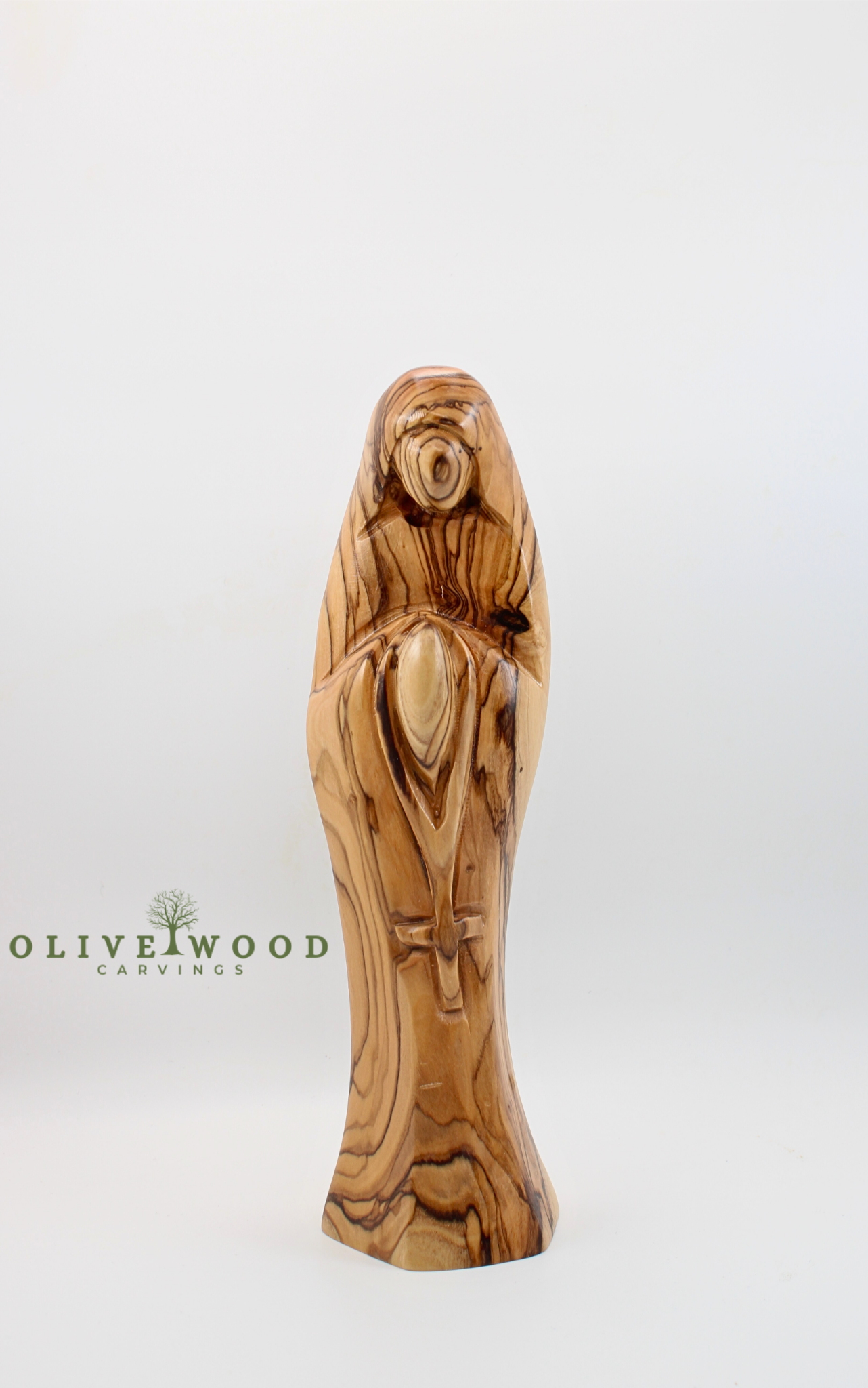 Olive Wood Virgin Mary with Rosary – Modern Hand-Carved Statue from the Holy Land