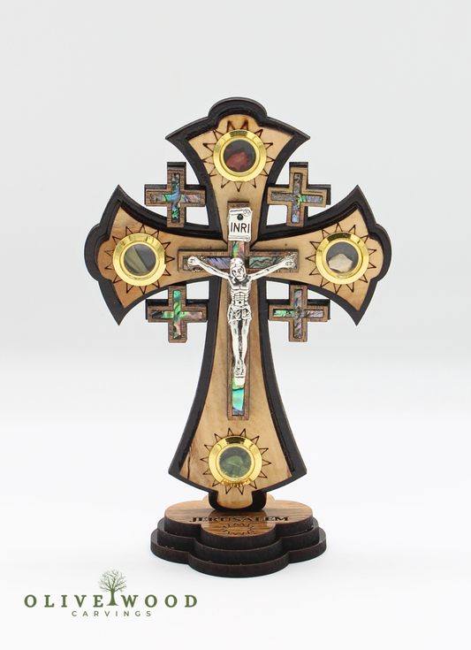 Olive Wood Jerusalem Cross with Crucifix & Relics Stand (6.2× 4.5 Inches)
