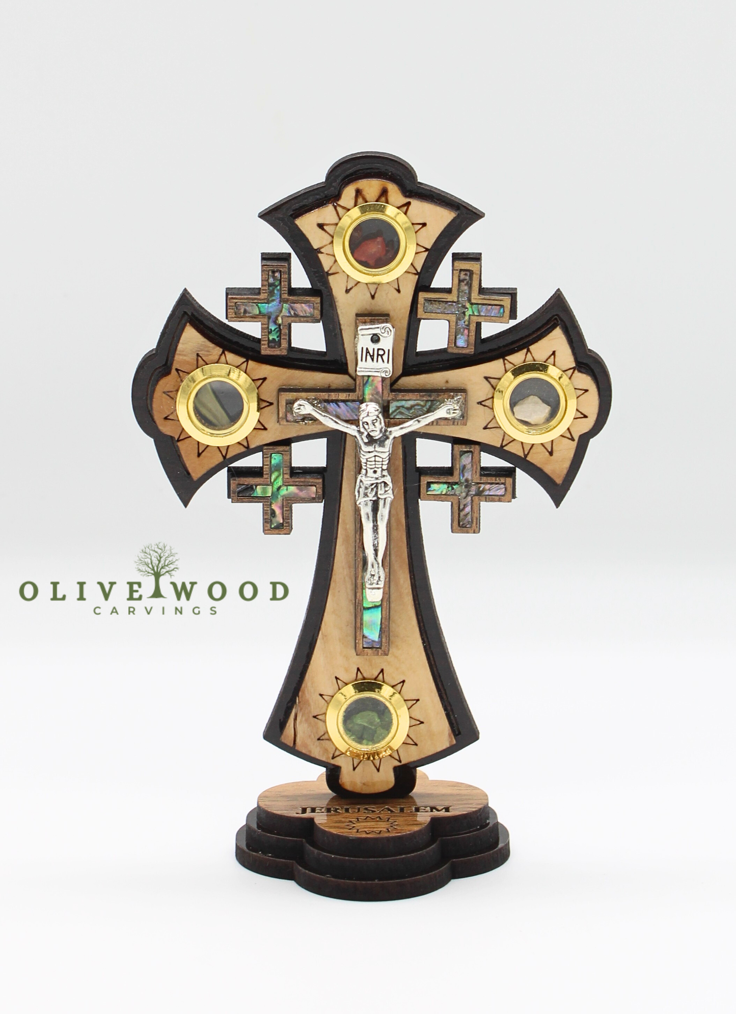 Olive Wood Jerusalem Cross with Crucifix & Relics Stand (6.2× 4.5 Inches)