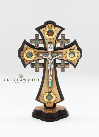 Olive Wood Jerusalem Cross with Crucifix & Relics Stand (6.2× 4.5 Inches)