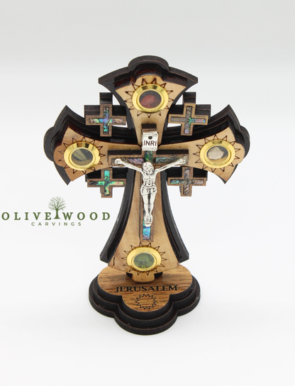 Olive Wood Jerusalem Cross with Crucifix & Relics Stand (6.2× 4.5 Inches)