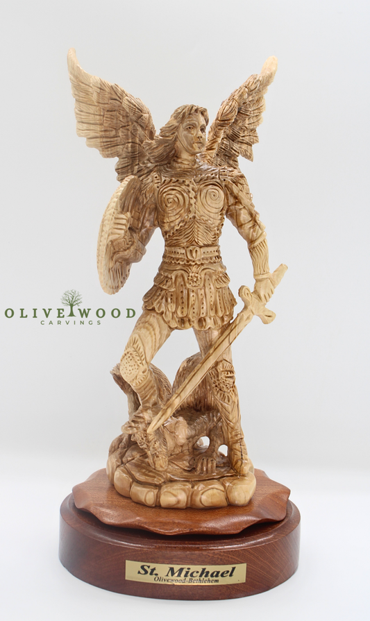 St. Michael Archangel Olive Wood Carving from Bethlehem (14.5 inches)