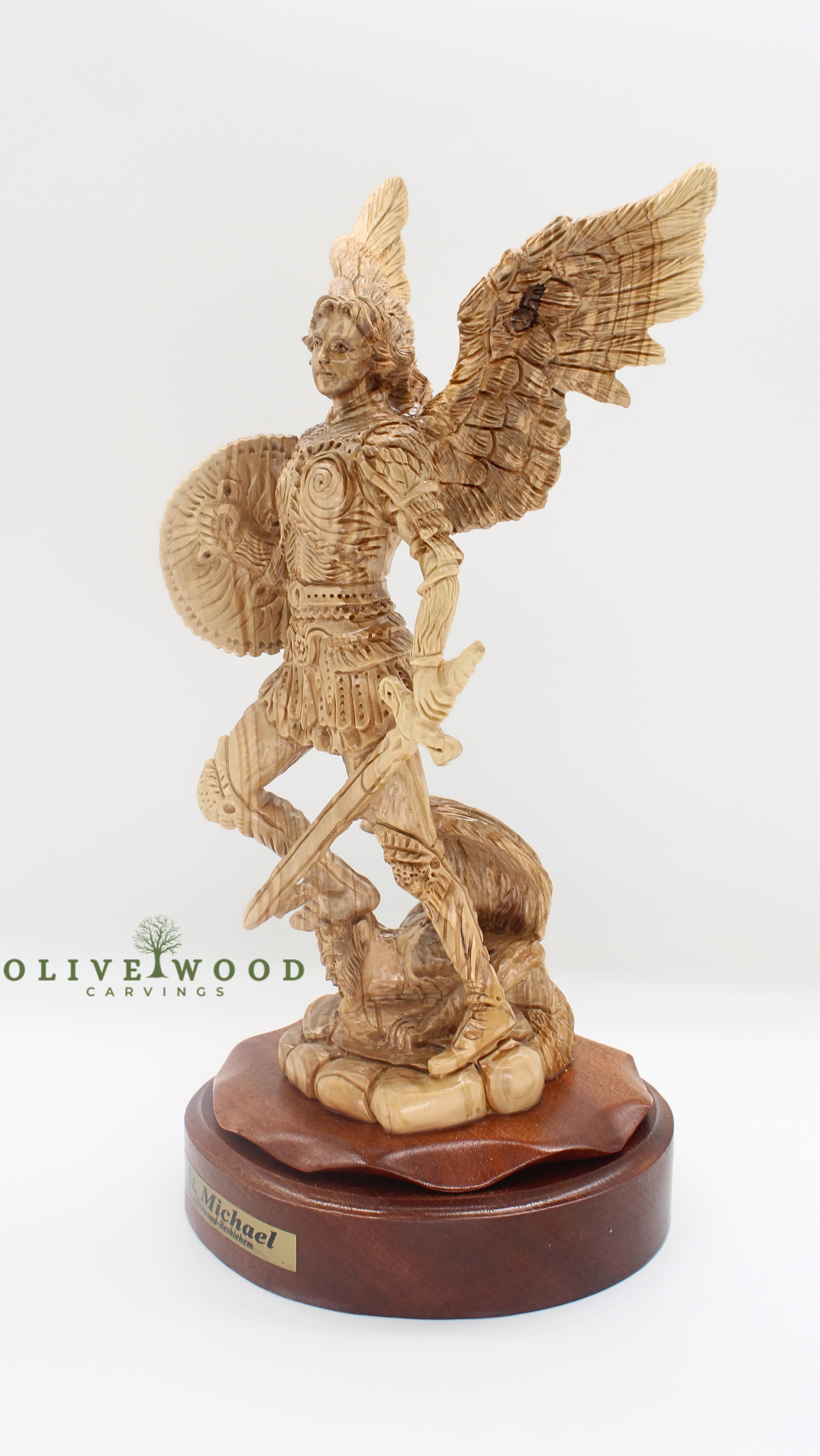 St. Michael Archangel Olive Wood Carving from Bethlehem (14.5 inches)