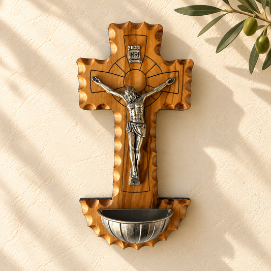 Olive Wood Crucifix with Holy Water Font – 6 Inch