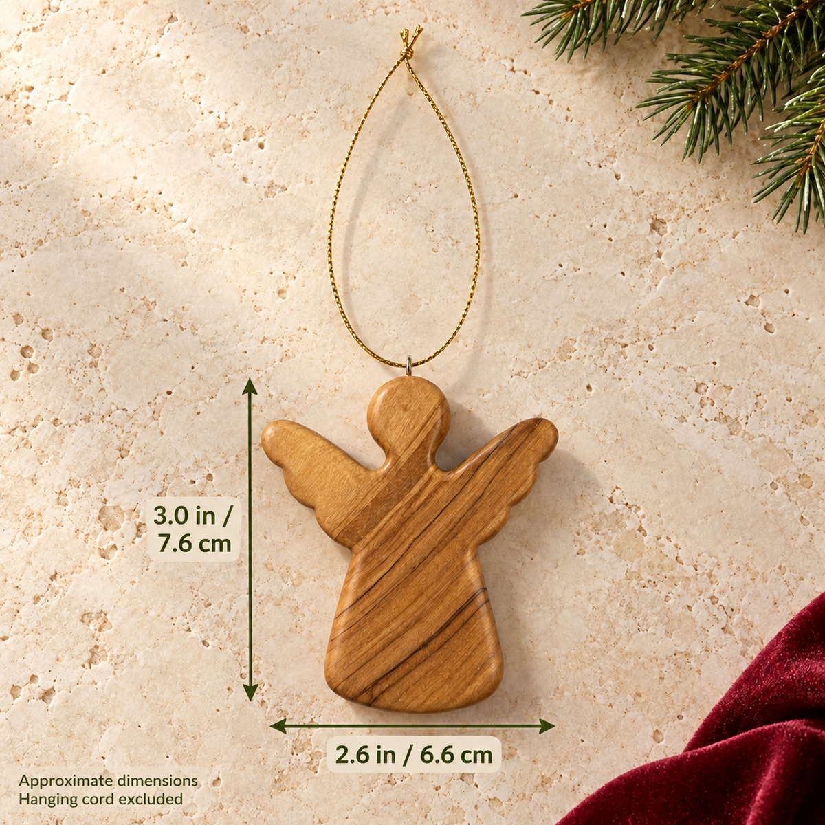 Olive Wood Angel Christmas Ornament